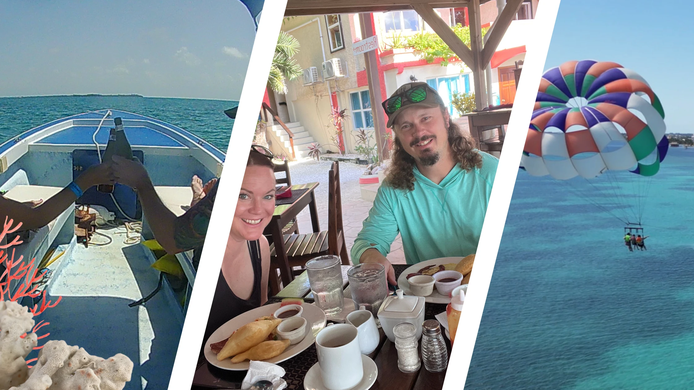 Collage of Belize vacation experiences featuring a boat ride on turquoise Caribbean waters, outdoor dining at a tropical café, and parasailing above the ocean near Pur Private Suites, one of the top places to stay in San Pedro, Belize.
